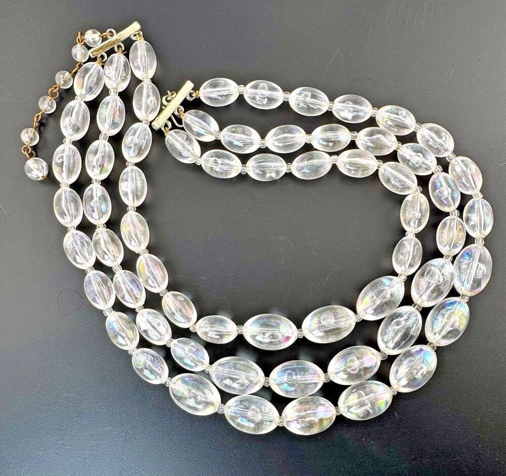 Vintage Lucite Bubble Bead Necklace Triple Strand Iridescent Clear MCM